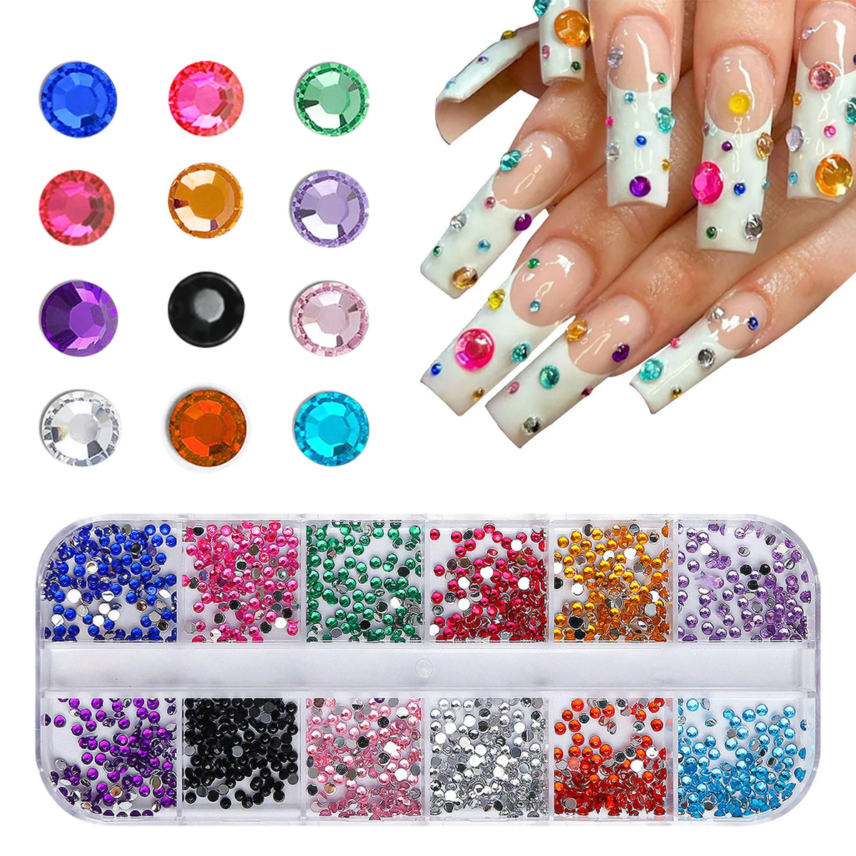 12 Cell Sparkling Crystal Nail Art Beads - Flat Base Stones for Multi‑scene Embellishment - Decorates Nails Shoes Makeup Pouches