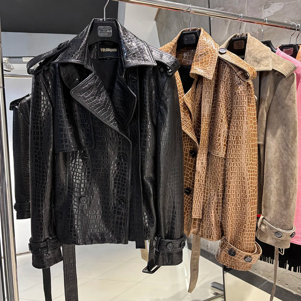 YOLOAgain High Quality Suede Leather Jacket Women With Belt Double Breasted Croc Pattern Jacket Female