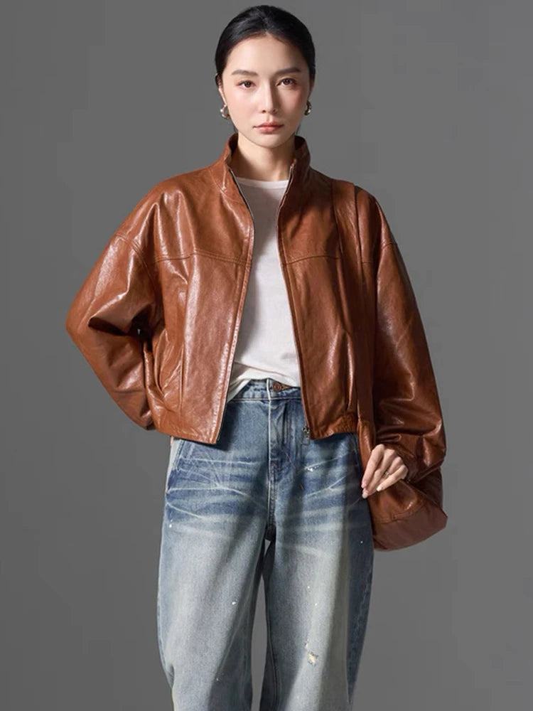 Women Spring Black Genuine Sheepskin Leather Short Jacket Coat Autumn Real Leather Jacket