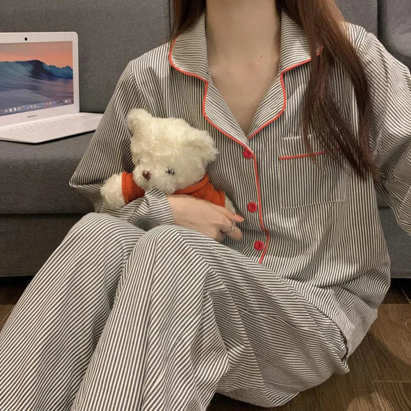Women's Long Sleeve Loose Breathable Student Sleepwear Loungewear Cardigan Gray Striped Ladies Stripe Fashion Pajamas Homewear