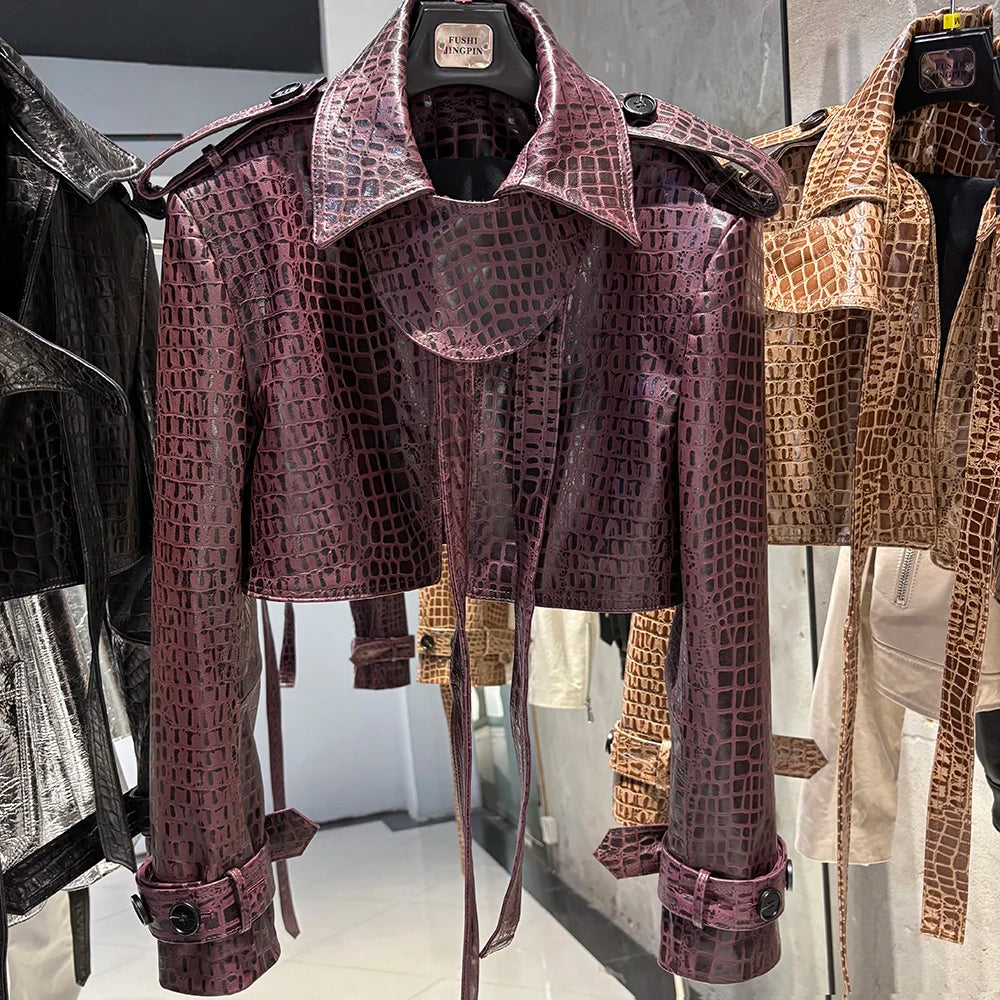 YOLOAgain Croc Pattern Real Leather Cropped Jacket Women Genuine Leather Jacket Female Streetwear