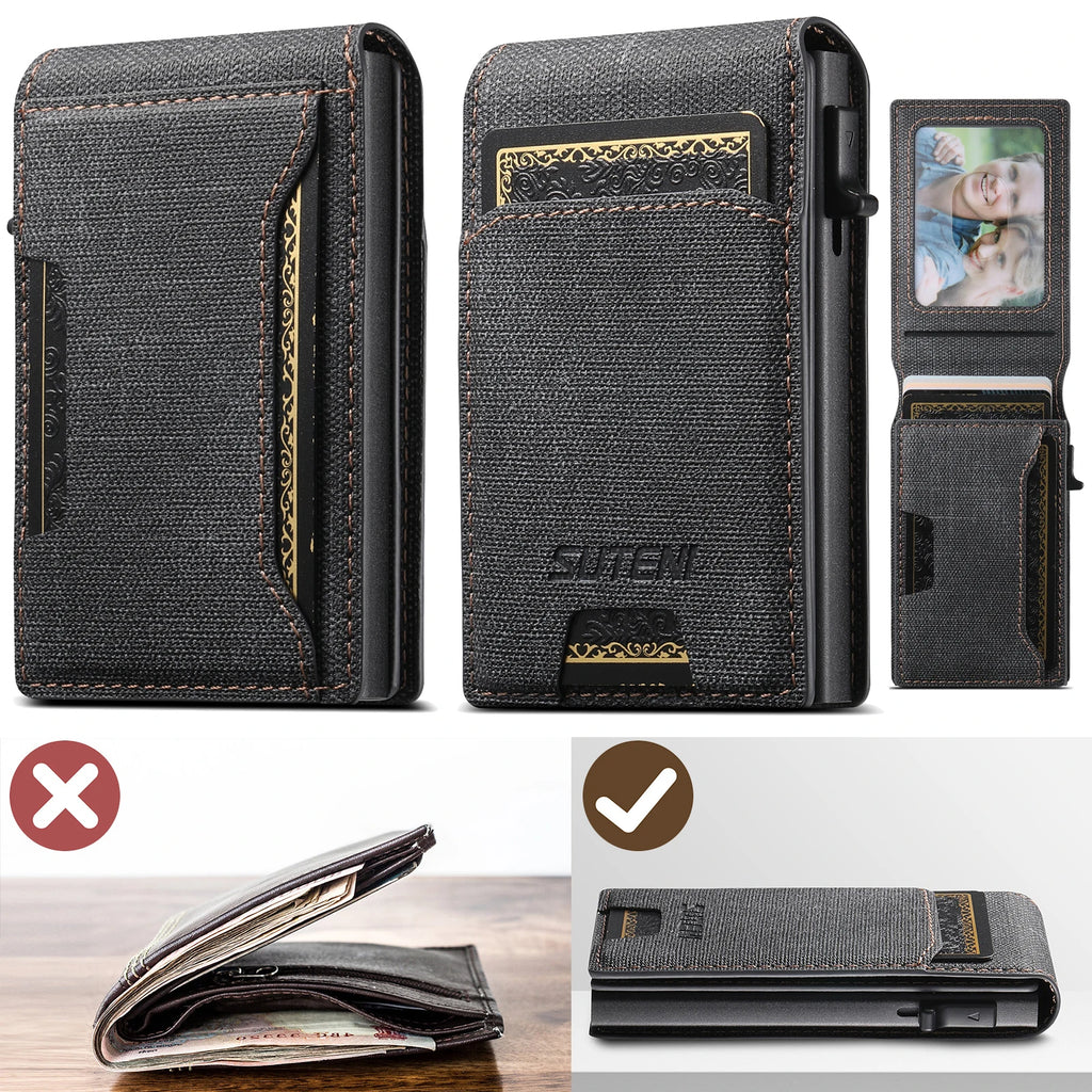Push-out Card High Quality Faux Leather Card Holder Wallet Holder Large Capacity Can Hold 1-12 Cards 1 Photo Black/Brown/Blue
