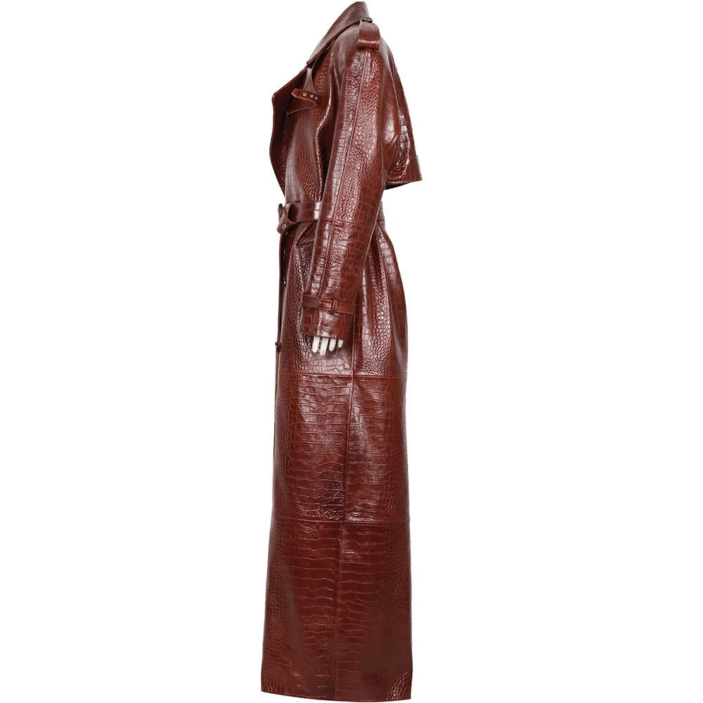 YOLOAgain 150cm Extra Length Real Leather Trench Coat Women Double Breasted Suede Coat Female