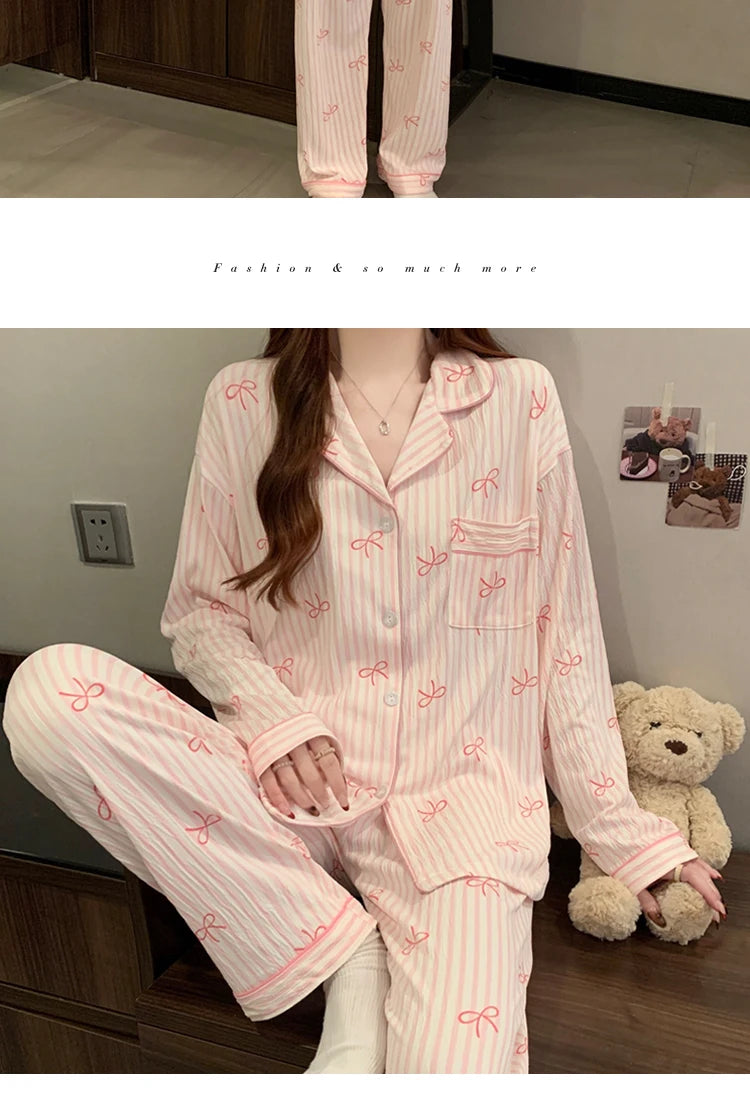 Pink Bow Tie Design Pajamas for Women Long Sleeve Top & Elastic Waist Pants Pajamas Set Harajuku Style Casual New Home Wear