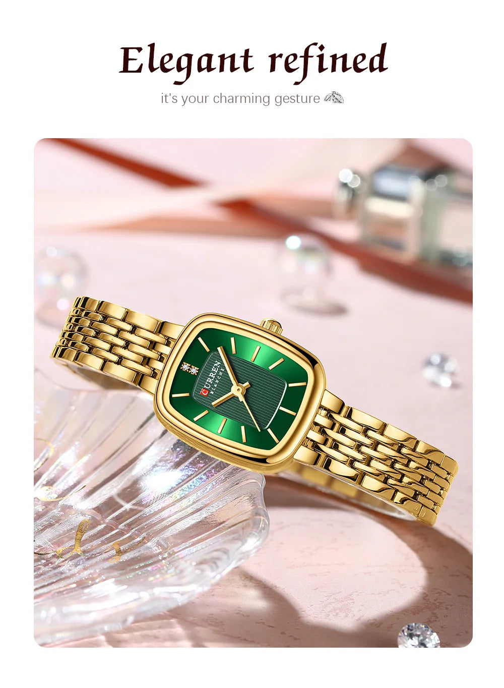 Curren 9093 Women's Quartz Watch Waterproof Luxury Party Women's Watch Elegant Gold Rectangular Dial Quartz Watch Bracelet Gift