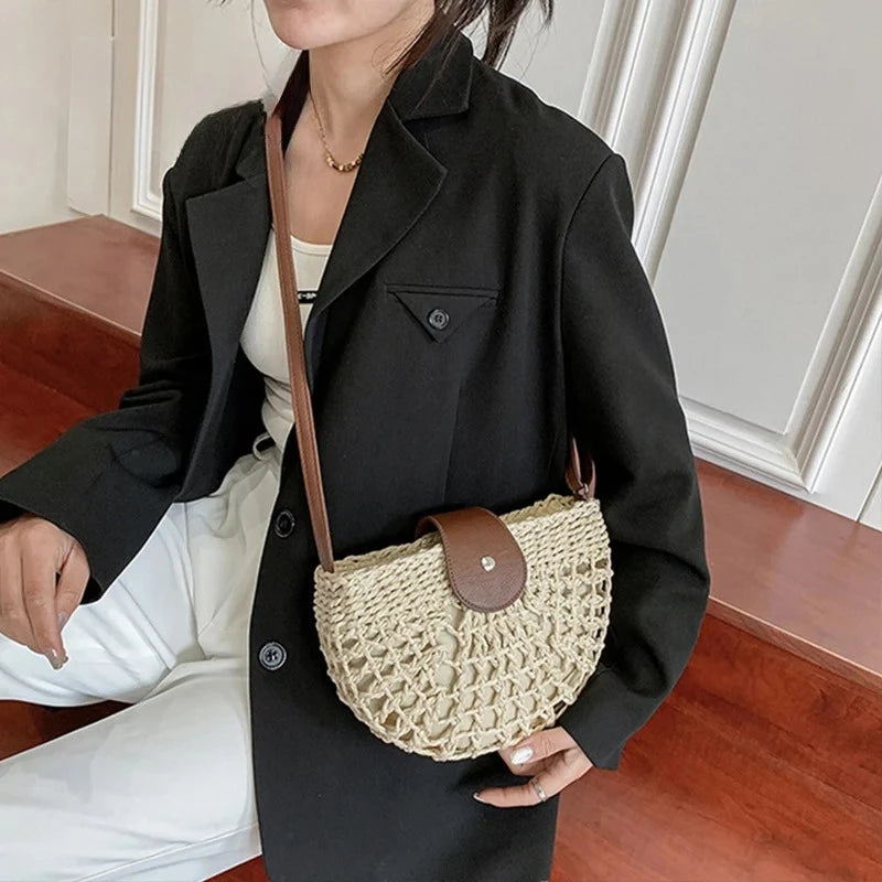 Summer Straw Bag For Women Fashion Semicircle Crossbody Bags Rattan Handmade Messenger Handbag Travel Beach Bags Tote