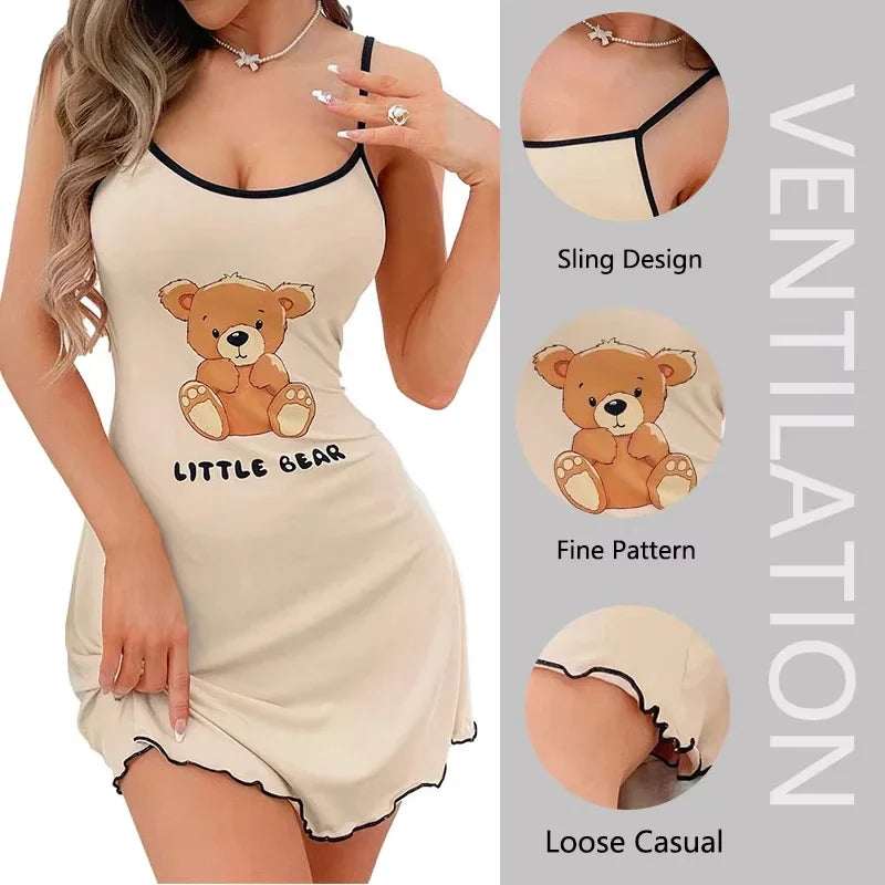 2026 New Women's Autumn Home Clothes Printed Cute Bear Strap Skirt Off Shoulder Pajamas Home Fashion Contrast Ruffle Edge Dress