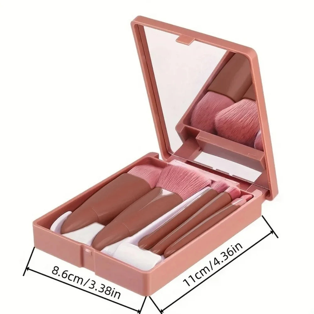 Cosmetic Brush 5PCS Portable Makeup Brush Travel with Mirror Box Makeup Set Brush Loose Powder Brush Blush Brush Eyeshadow Brush