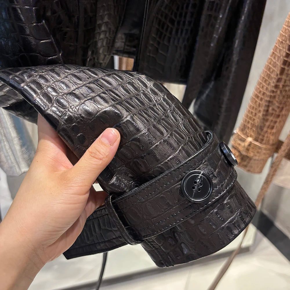 YOLOAgain Croc Pattern Real Leather Cropped Jacket Women Genuine Leather Jacket Female Streetwear