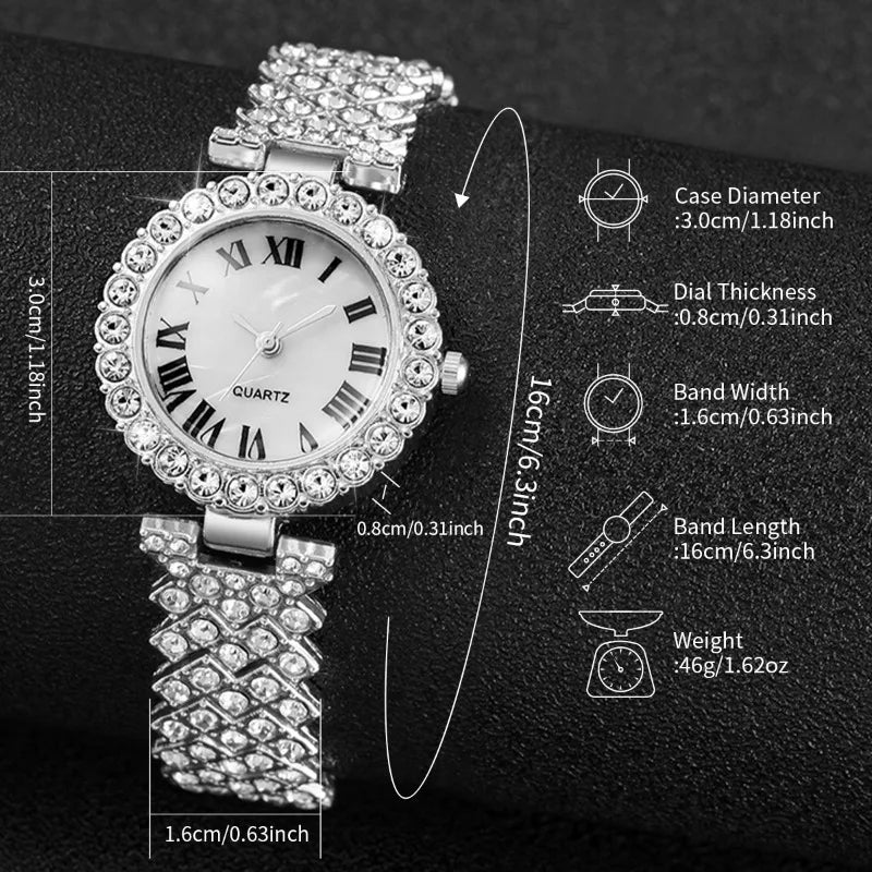 5PCS Elegant Rhinestone Women Quartz Watch Jewelry Set Fashion Ladies Bracelet Strap Wristwatches Reloj Mujer（Without Box）
