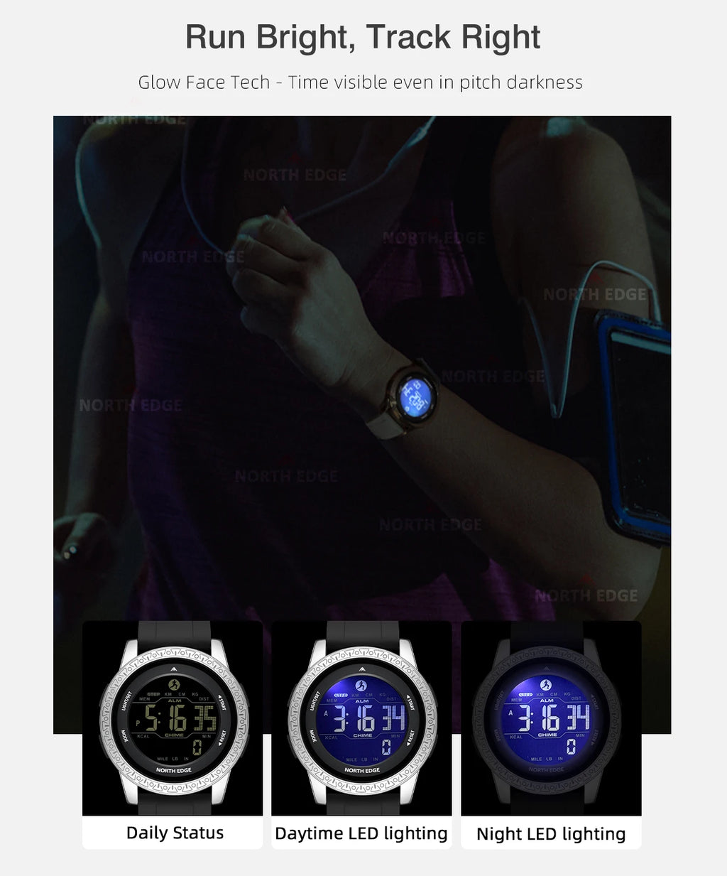 NORTH EDGE APOLLO Luxury Men Women Digital Watch Waterproof 50M Sports Watches Dual Time Pedometer Alarm Clock Couple's Watches