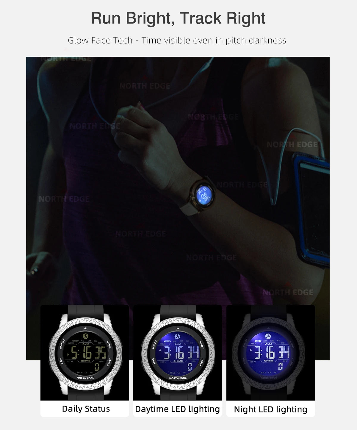 NORTH EDGE APOLLO Luxury Men Women Digital Watch Waterproof 50M Sports Watches Dual Time Pedometer Alarm Clock Couple's Watches