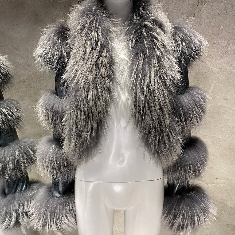 YOLOAgain Women's Natural Fox Fur Jacket Real Leather Cropped Jacket Streetwear