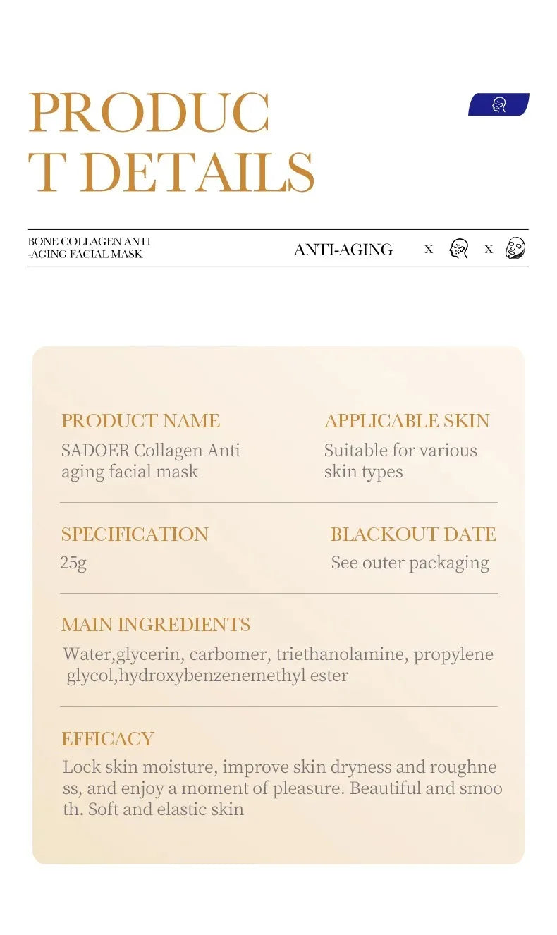 SADOER Collagen Face Sheet Mask Firming Moisturizing Repair Brightening Skincare