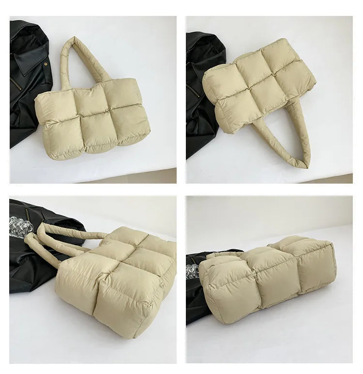 Quilted Plaid Bag Women Tote Handbags Retro Trendy Checkered Waterproof Shoulder Bag Solid Color Winter Soft Large Capacity Bags