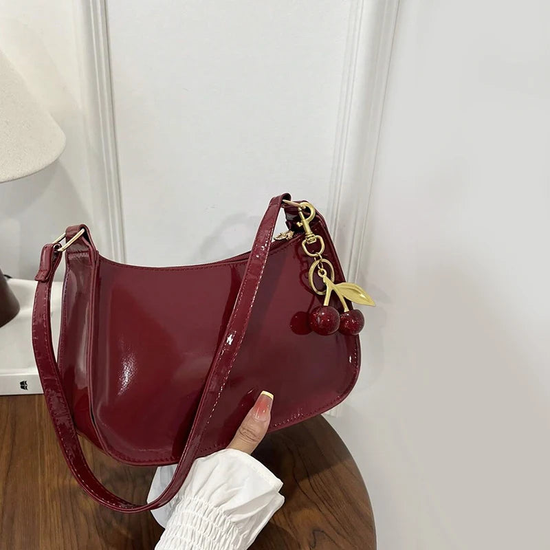 Women's PU Leather Handbag Versatile Fashion Solid Color Cherry Pendant Shoulder Bag Casual Commuting Bag Underarm Bag