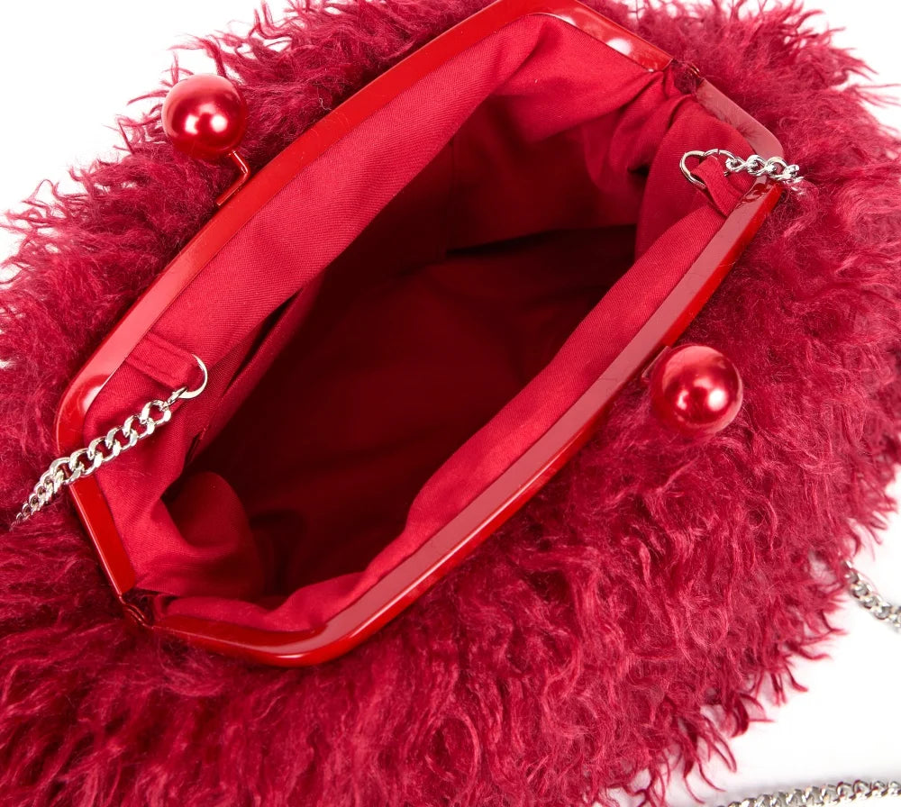 Women Kisslock Faux Fur Clutch Bag Winter Warm Fuzzy Pouch Frame Clasp Bag With Chain Crossbody Dark Grey Red Yellow