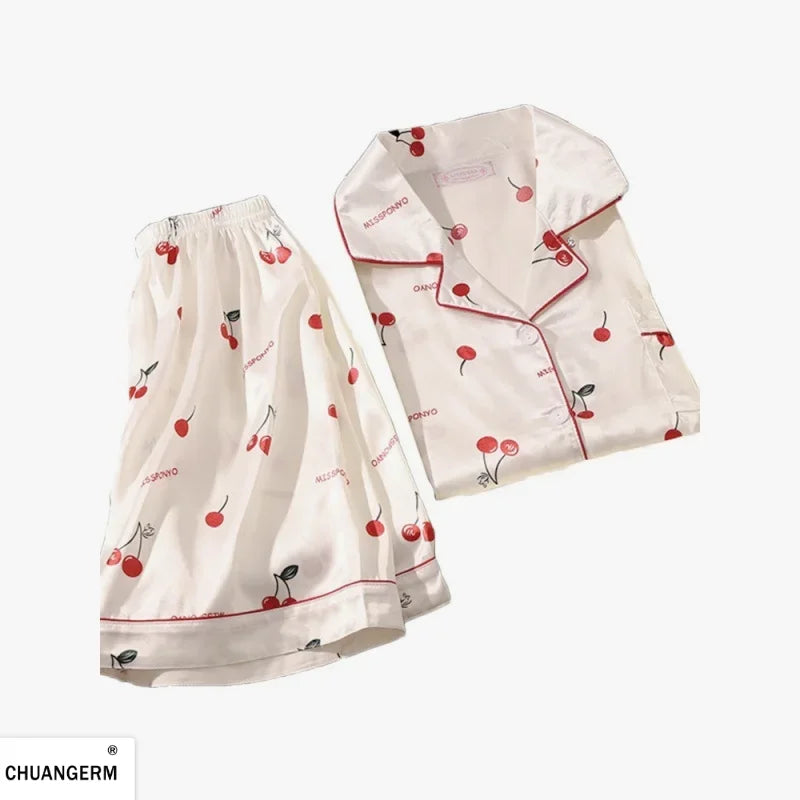 Cherry Print Silk Pajamas Set For Women Summer Short Sleeve Shirt And Shorts Two Pieces Sleepwear Homewear Nightwear