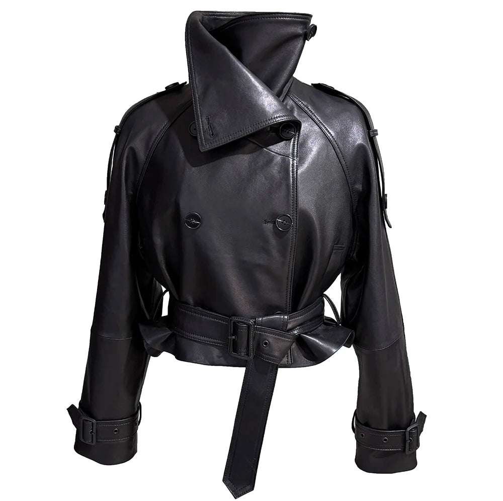 YOLOAgain Funnel Neck Real Leather Jacket Women Double Breasted Suede Jacket With Belt Streetwear