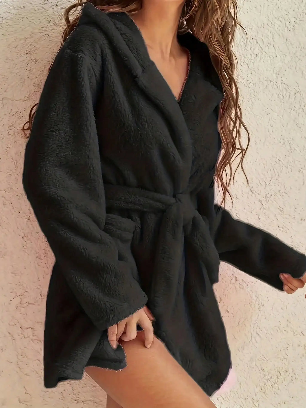 1 piece of women's solid color hooded robe with belt, cozy and warm fleece pajamas for home wear in autumn and winter.
