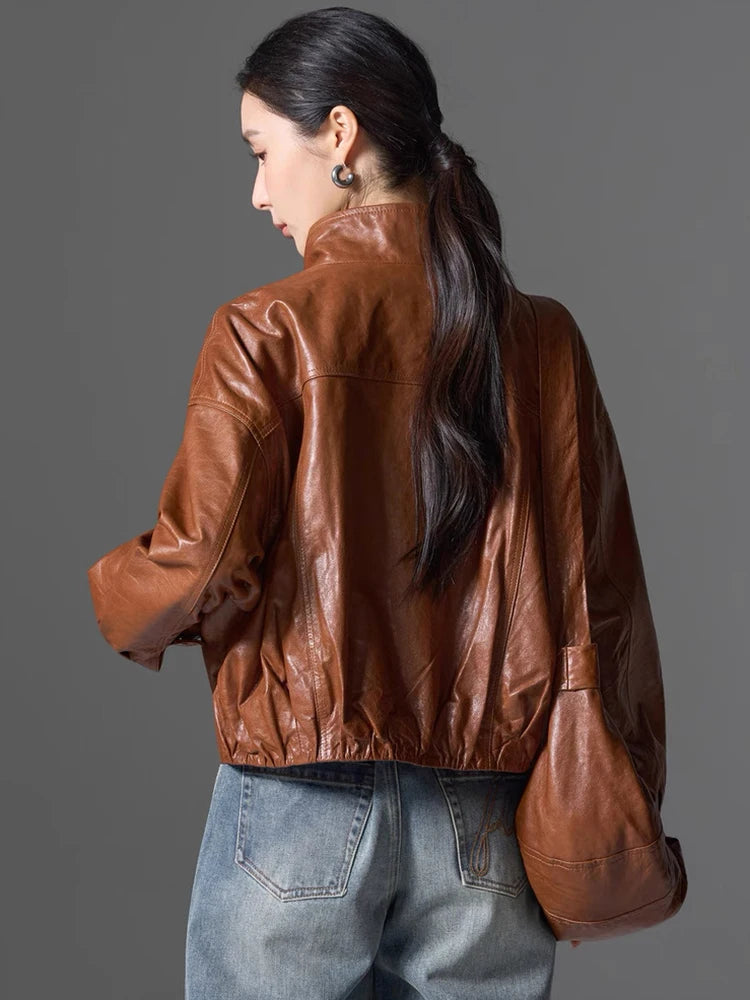 Women Spring Black Genuine Sheepskin Leather Short Jacket Coat Autumn Real Leather Jacket