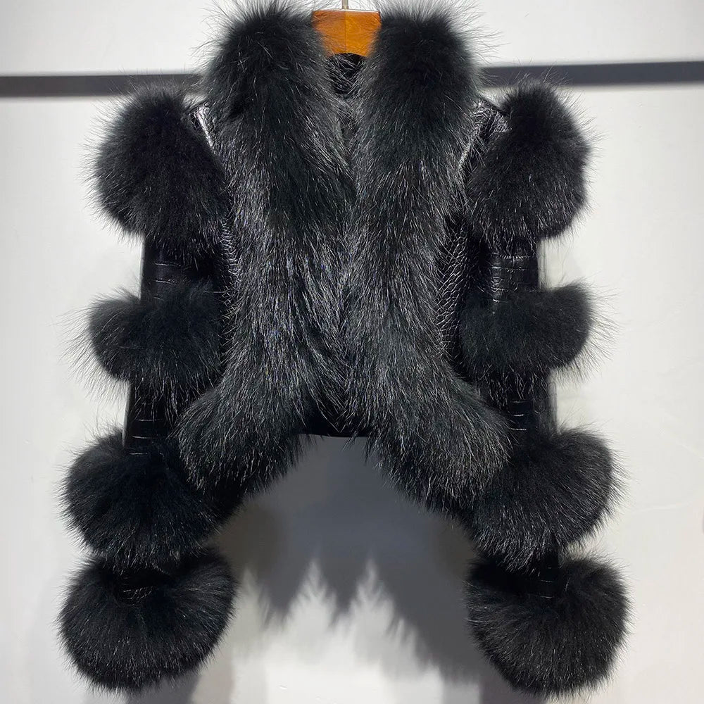 YOLOAgain Women's Natural Fox Fur Jacket Real Leather Cropped Jacket Streetwear