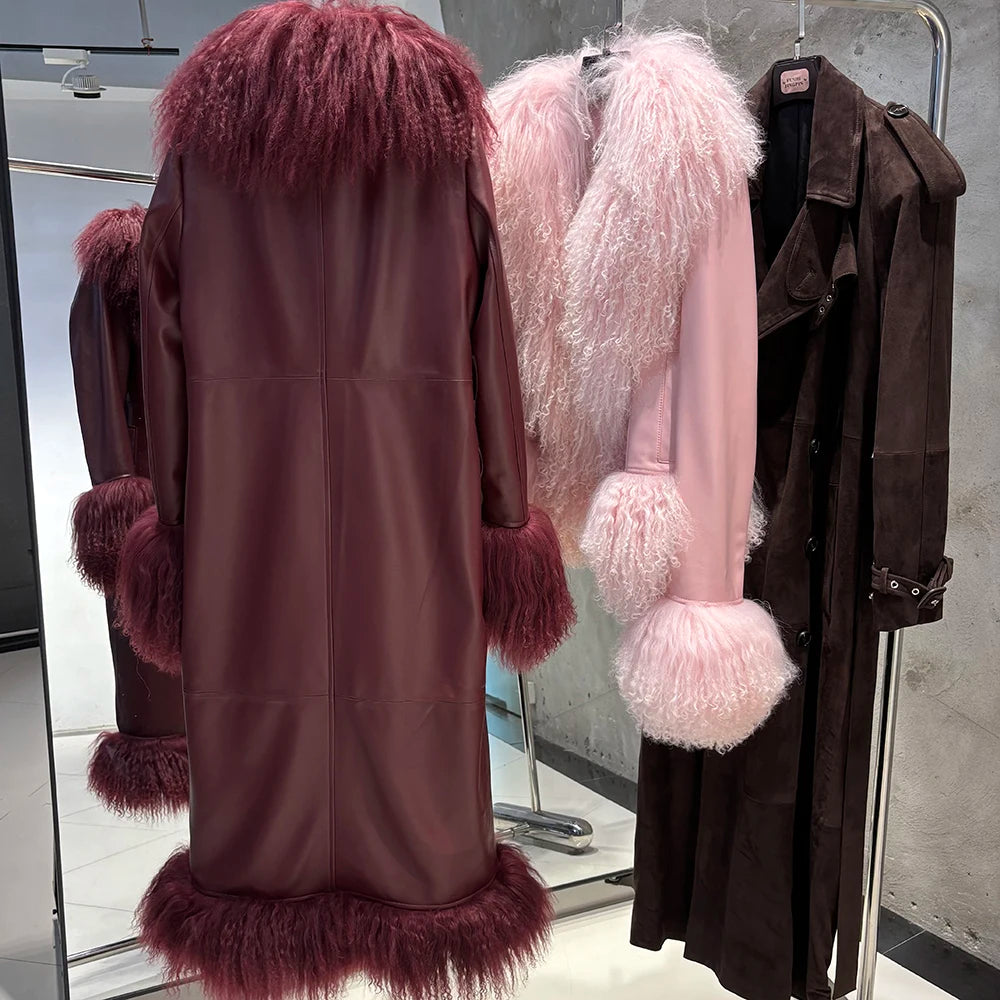 YOLOAgain Mongolia Sheep Fur Collar Real Leather Coat Women Suede Jacket 2025 Winter Outerwear
