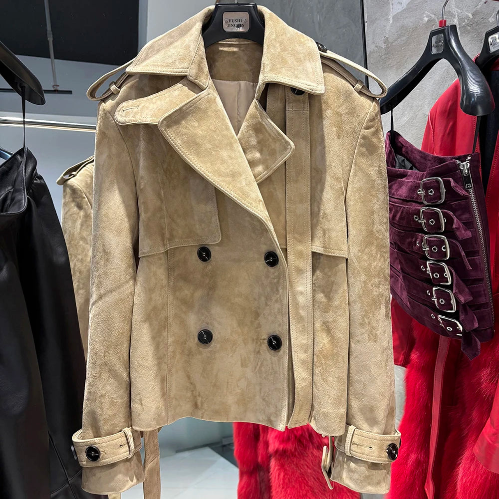 YOLOAgain High Quality Suede Leather Jacket Women With Belt Double Breasted Croc Pattern Jacket Female