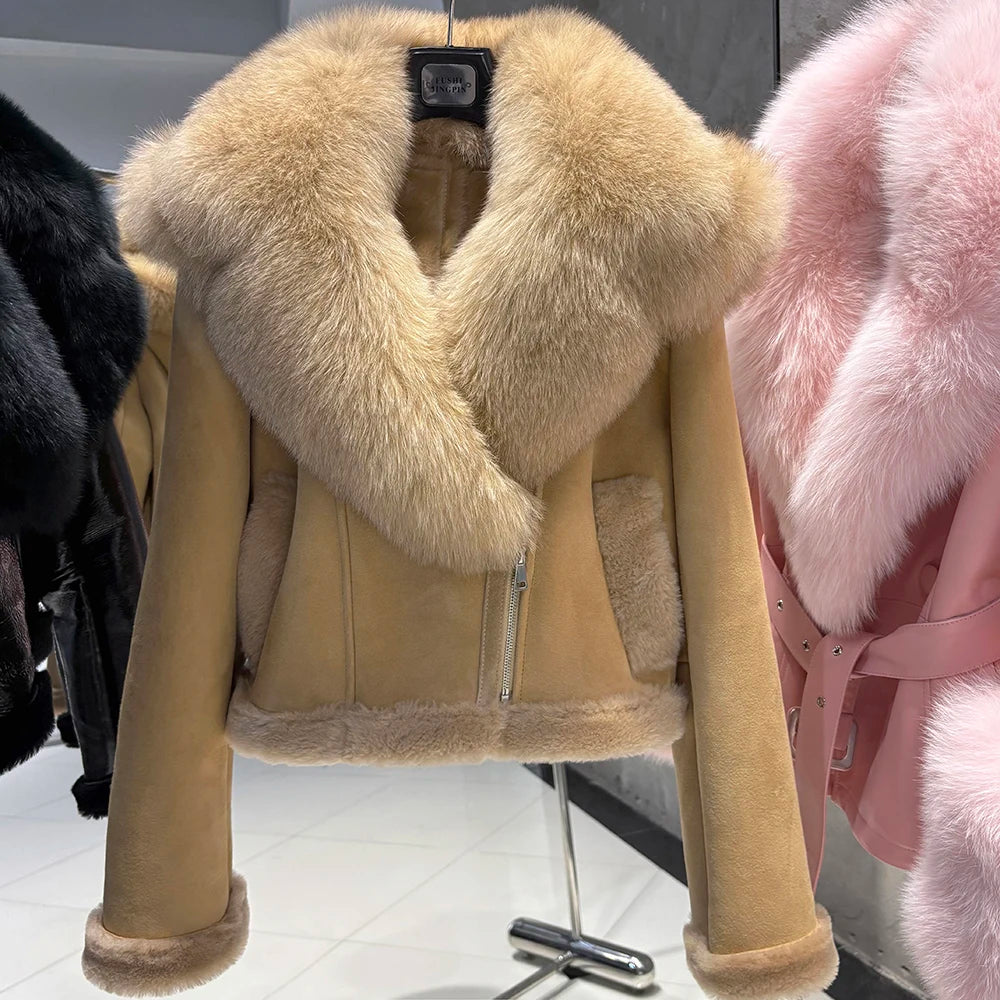 YOLOAgain Burgundy Shearling Jacket With Hood Women 2025 Winter Real Leather Jacket Coat