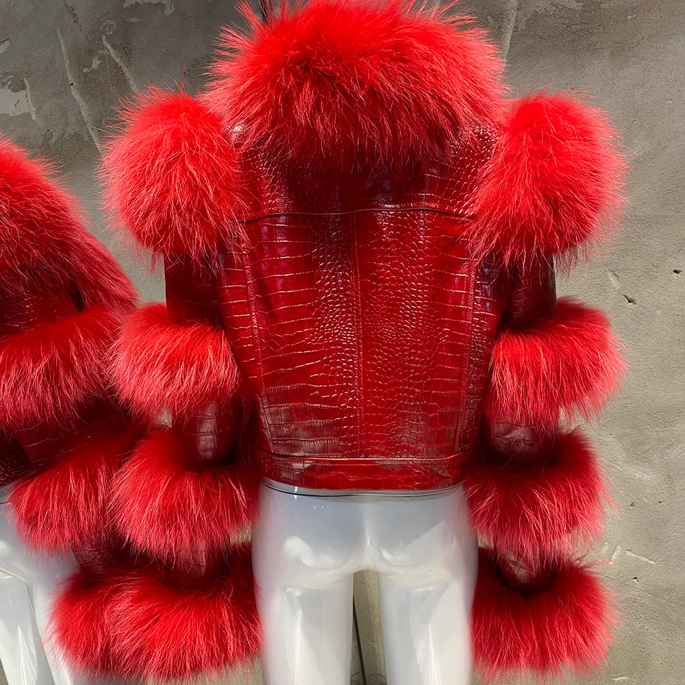 YOLOAgain Women's Natural Fox Fur Jacket Real Leather Cropped Jacket Streetwear