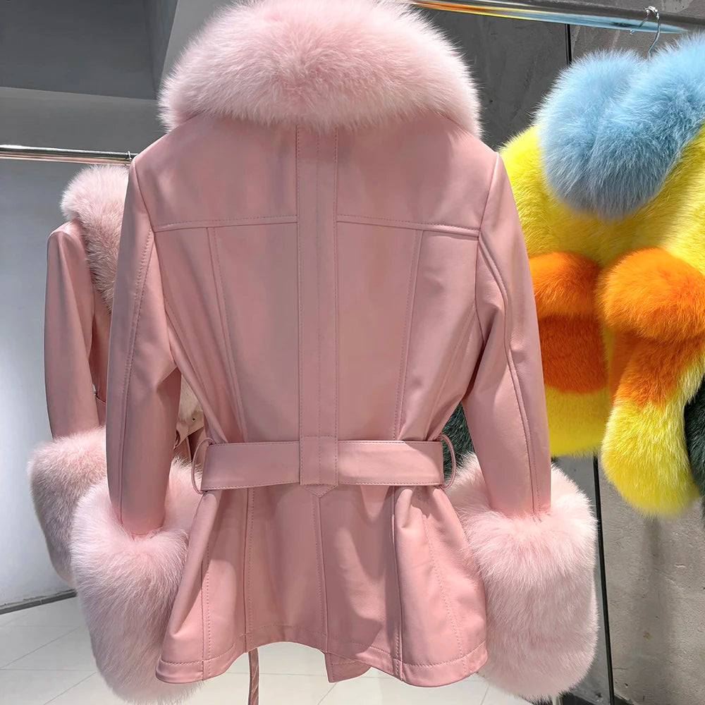 YOLOAgain Women's Real Fox Fur Collar Sheepskin Leather Jacket Coat Autumn 2025