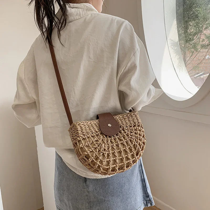 Summer Straw Bag For Women Fashion Semicircle Crossbody Bags Rattan Handmade Messenger Handbag Travel Beach Bags Tote