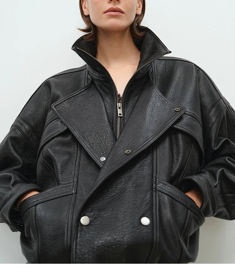 Brown Sheepskin Bubble Skin Coat Female Retro Double Layer Collar Double Breasted Zipper Loose Leather Jacket Winter Outerwear