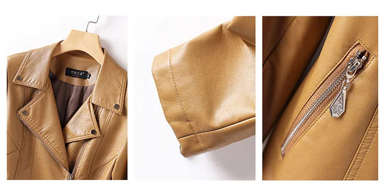 New Women Spring Autumn Leather Jacket Fashion Suit Collar Long Sleeve Motorcycle Jacket Casual Short Biker Coat Split Leather
