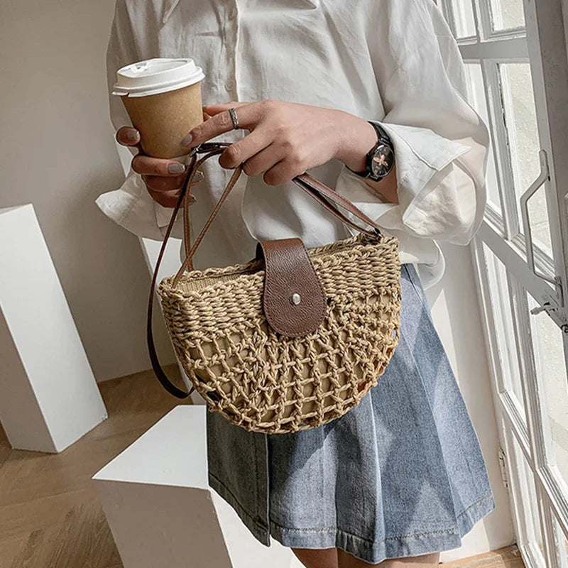 Summer Straw Bag For Women Fashion Semicircle Crossbody Bags Rattan Handmade Messenger Handbag Travel Beach Bags Tote