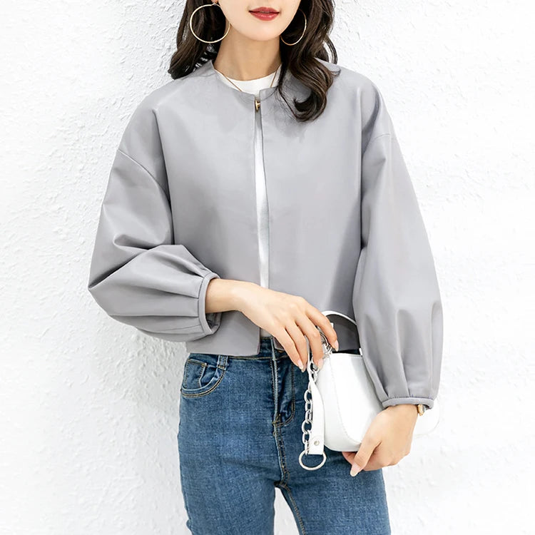 Autumn Puff Sleeve Genuine Leather Jacket Women 100% Sheepskin Collarless Cardigan Casacas Loose Small Short Blouson Cuir Femme