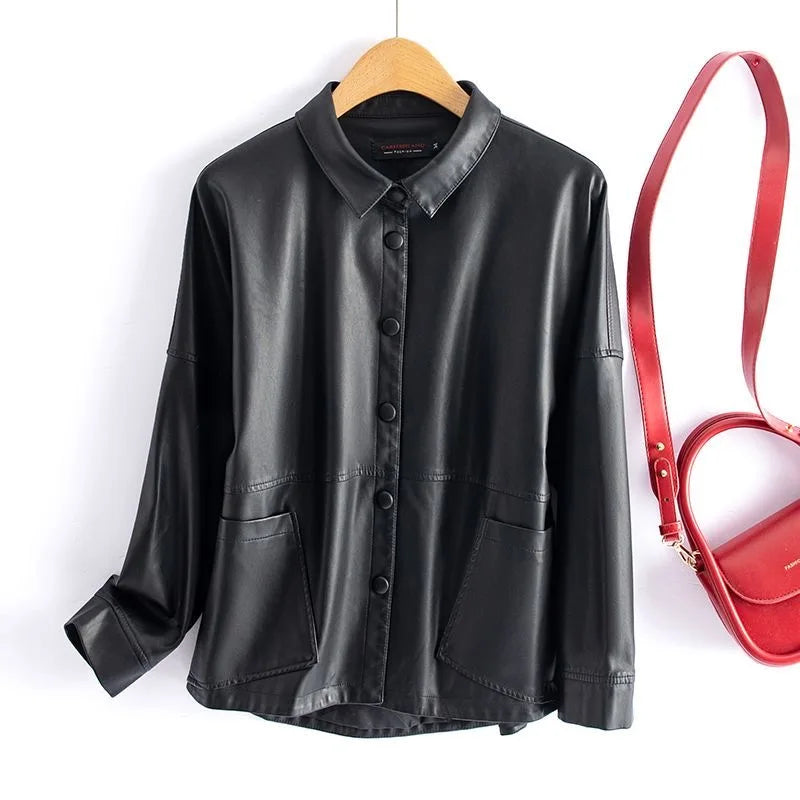 Sheepskin Leather Jacket Women Short Covered Button Pockets Coats Chic Office Ladies Split Sheep Leather Korean Loose Outwear