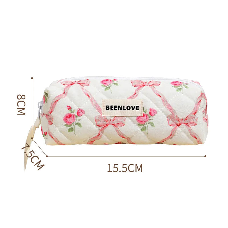 Cute Bow Flower Quilting Cotton Makeup Bag Women Zipper Cosmetic Organizer Female Cloth Handbag Portable Toiletry Case for Girls