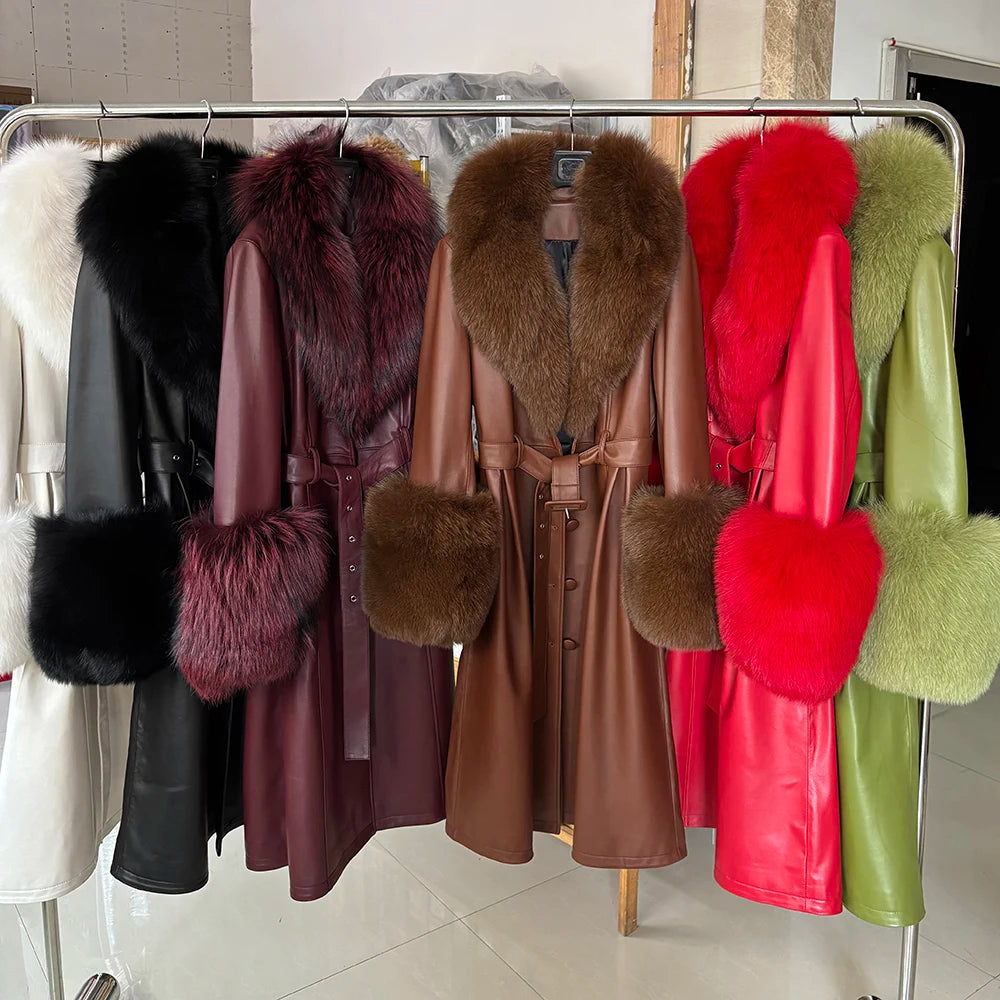 YOLOAgain Burgundy Real Fox Fur Collar Leather Trench Coat Women Genuine Leather Jacket Long Female