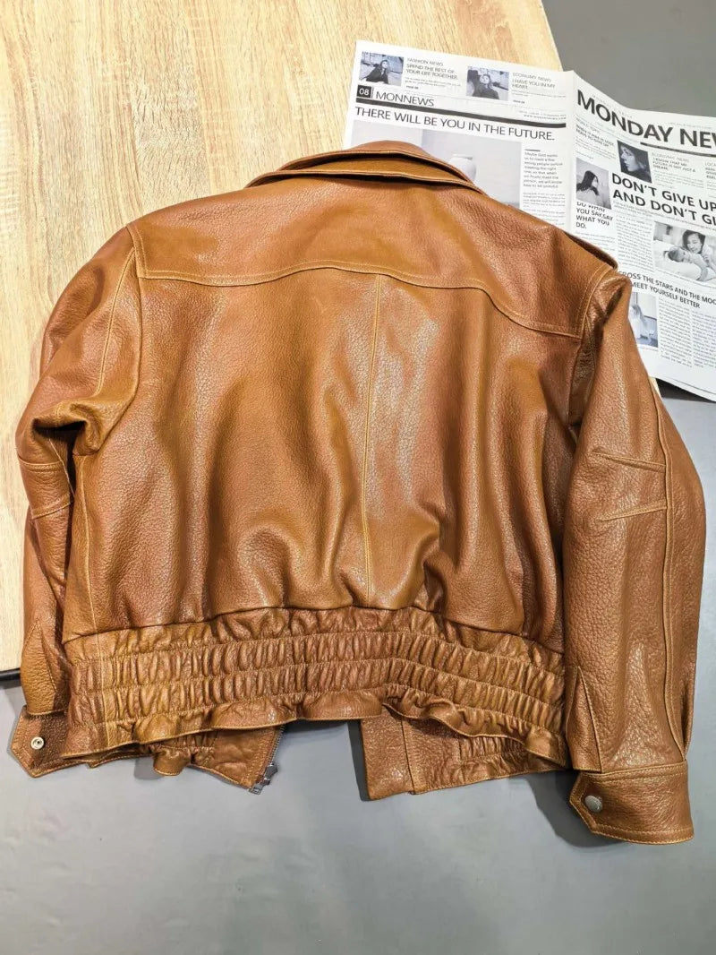 Punk Women Vintage Genuine Leather Jacket Lapel Streetwear Motorcycle Short Coat Loose Fit High Quality Real Sheepskin Outerwear