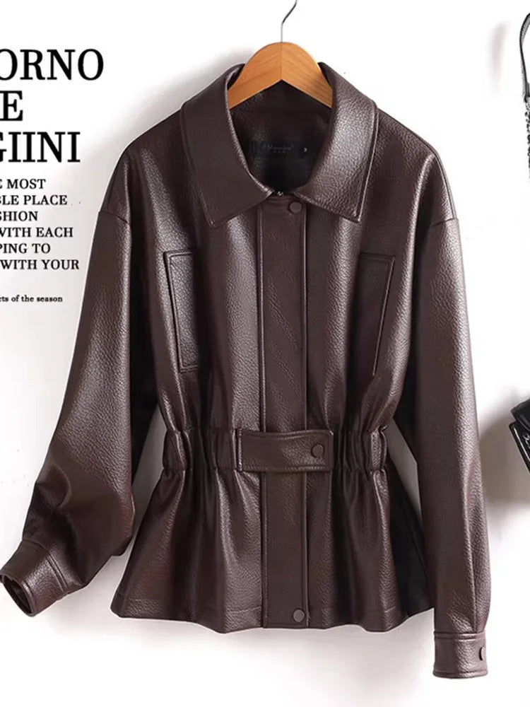 New Women Split Leather Jacket Spring Autumn Fashion Turn-down Collar Stretch Adjustable Waist Short Coat Casual Leather Jacket