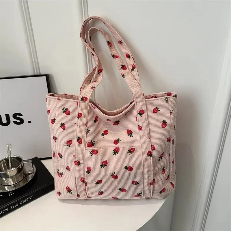 Corduroy Handbag Strawberry Print Beach Bag Fashion Large Capacity Tote Bag for Women Versatile Commuter Shoulder Bag Bolsos