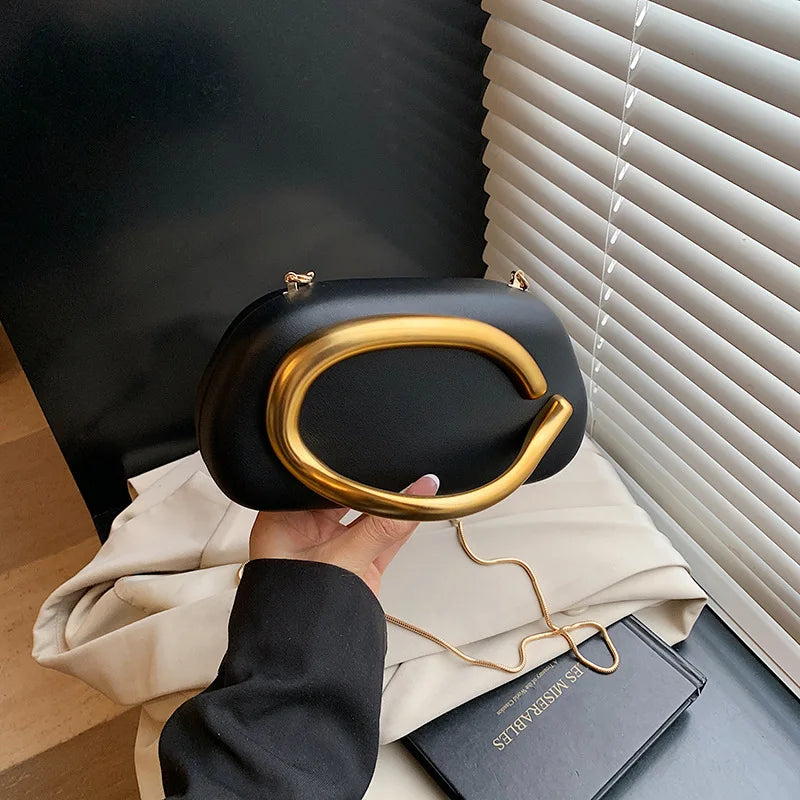 New Clutch Bag Metal Handle Design Evening Bag Round Box Chain Bag Elegant Woman Shoulder Bags PU Crossbody Bag