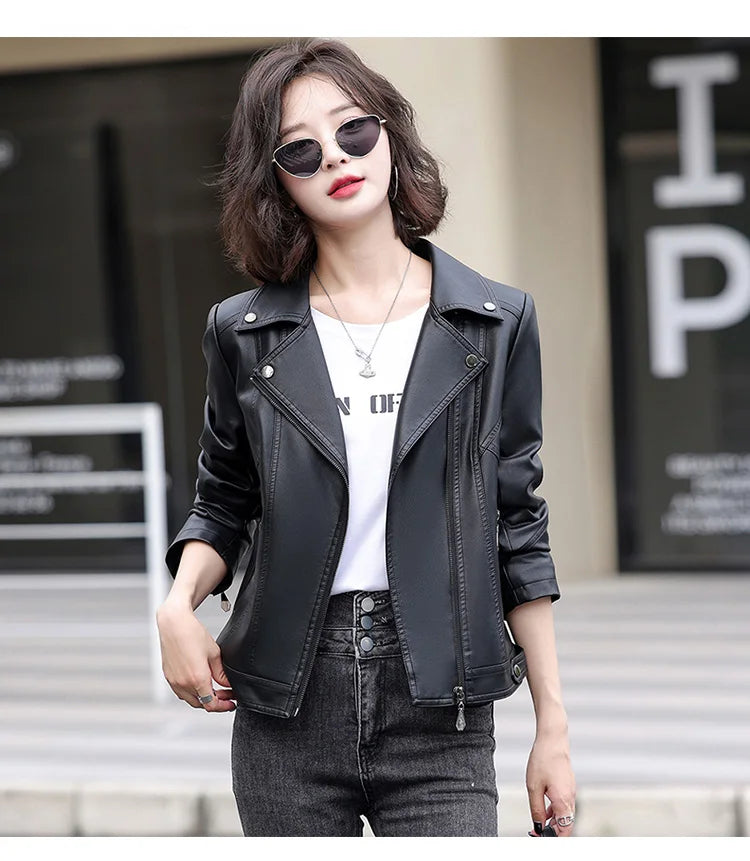 New Women Spring Autumn Leather Jacket Fashion Suit Collar Long Sleeve Motorcycle Jacket Casual Short Biker Coat Split Leather