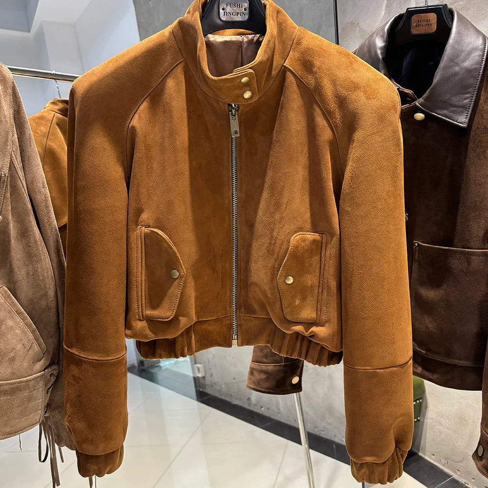 YOLOAgain Suede Leather Jacket Coat Women Real Leather Cropped Jacket Bomber Jacket