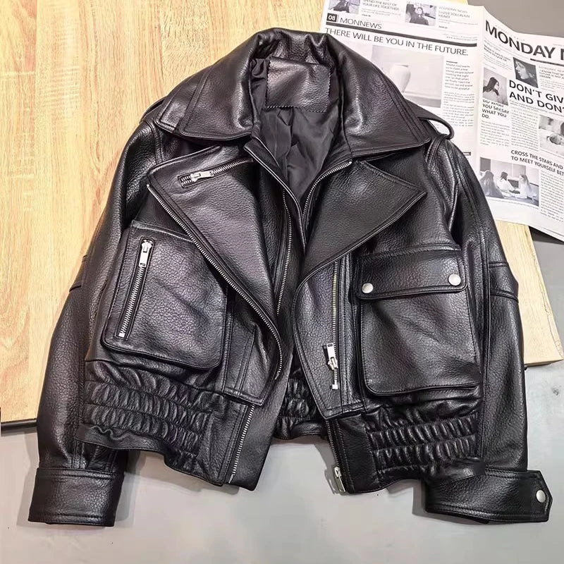 Leather Coat Autumn Winter Women Vintage Fashion Double Collar Lychee Pattern Sheepskin Bubble Leather Zipper Motorcycle Jacket
