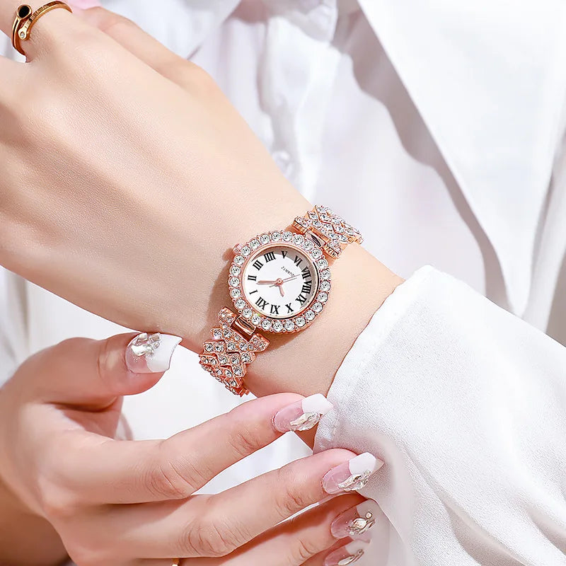 5PCS Elegant Rhinestone Women Quartz Watch Jewelry Set Fashion Ladies Bracelet Strap Wristwatches Reloj Mujer（Without Box）