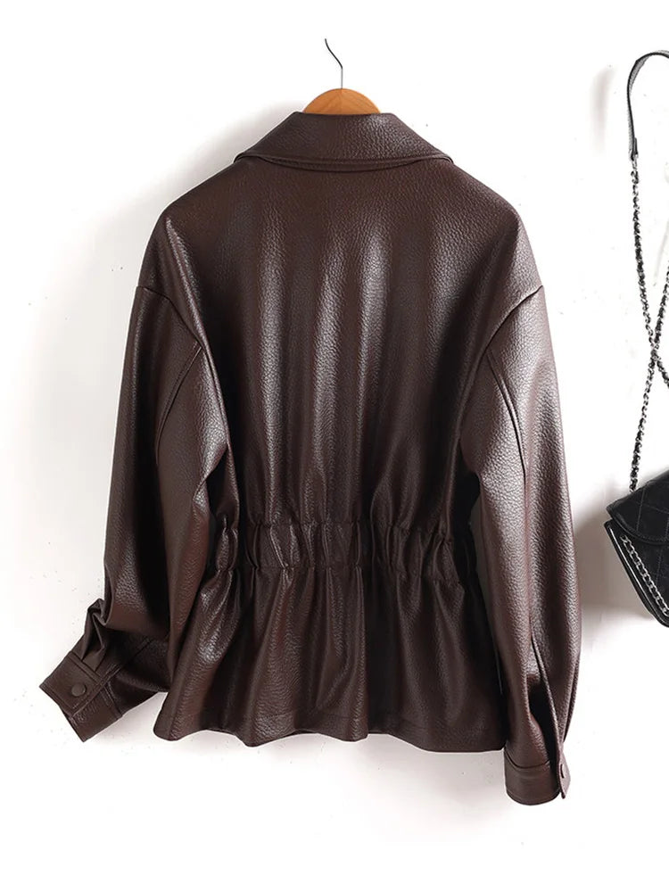 New Women Split Leather Jacket Spring Autumn Fashion Turn-down Collar Stretch Adjustable Waist Short Coat Casual Leather Jacket