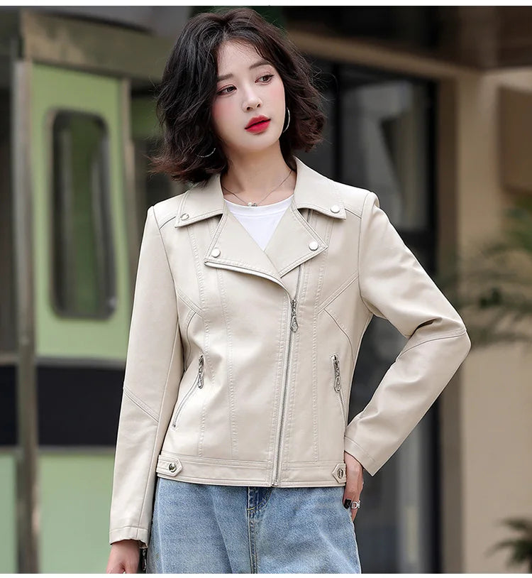 New Women Spring Autumn Leather Jacket Fashion Suit Collar Long Sleeve Motorcycle Jacket Casual Short Biker Coat Split Leather