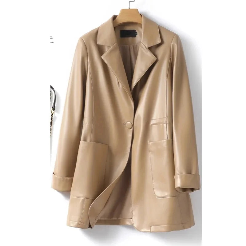 M-2XL Women Split Sheepskin Blazer Jacket Coats 2025 Spring Mid Length Chic Single Button Casual Ladies Split Leather Outwear